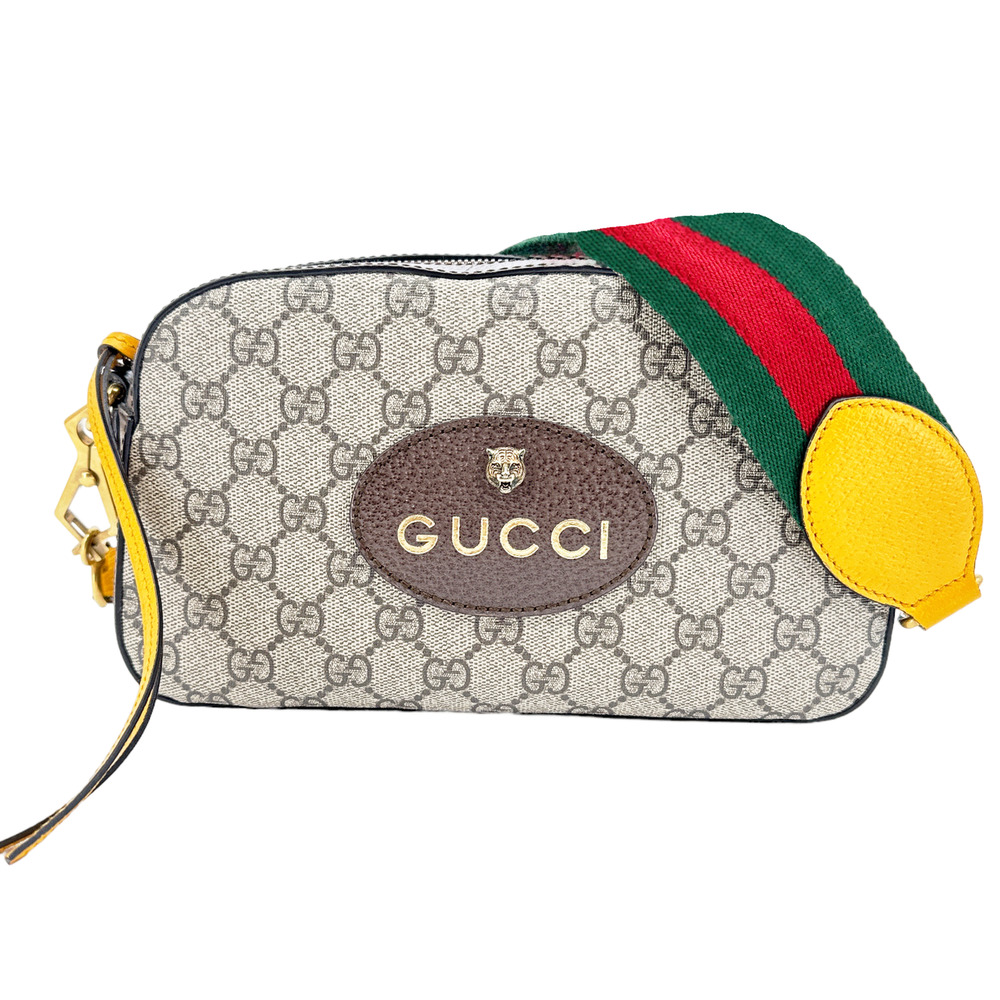 Gucci Beige GG Supreme Crossbody Bag with Green-Red Strap and Yellow Trim